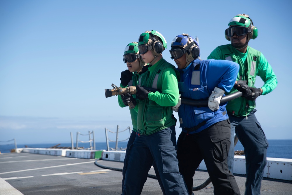 USS San Diego (LPD 22) conducts firefighting drills