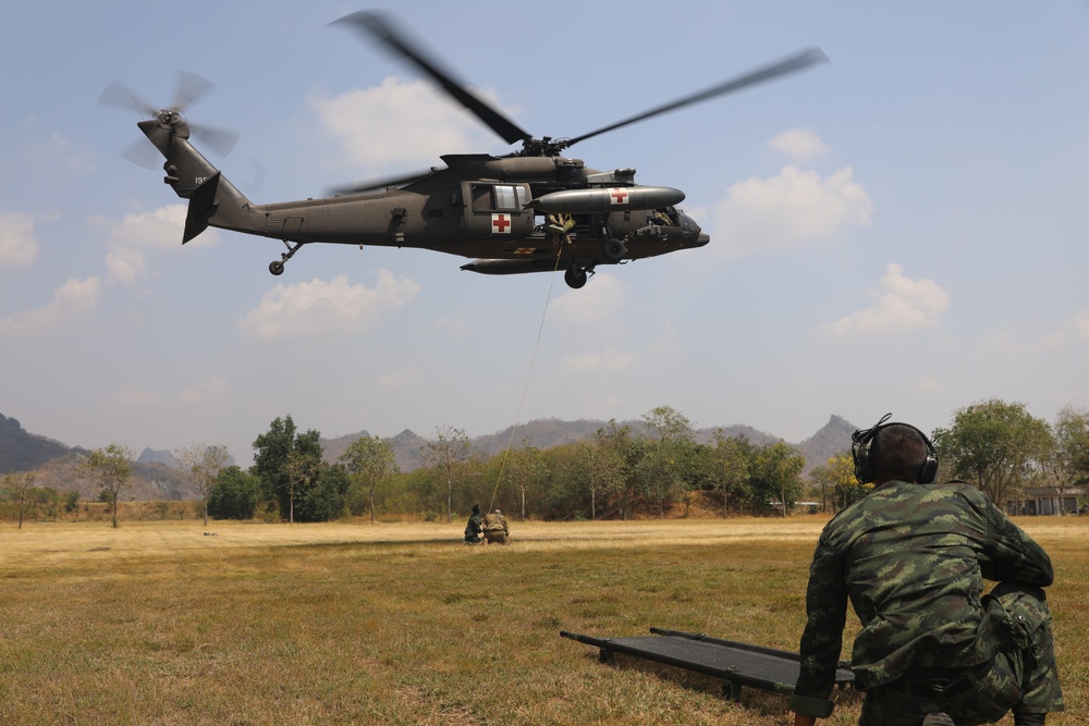 Royal Thai Army Rangers conduct hoist training on UH-60 Black Hawk helicopter during Exercise Hanuman Guardian 2024