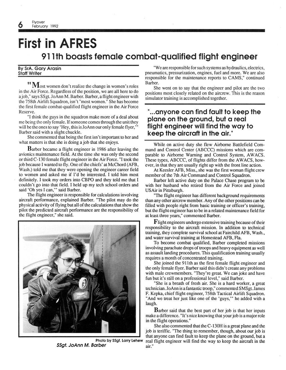 Newspaper Clipping - 911th boasts female combat-qualified flight engineer