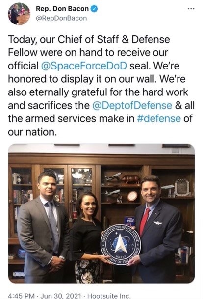 Congressman Bacon tweets about delivery of the Space Force seal to Congress