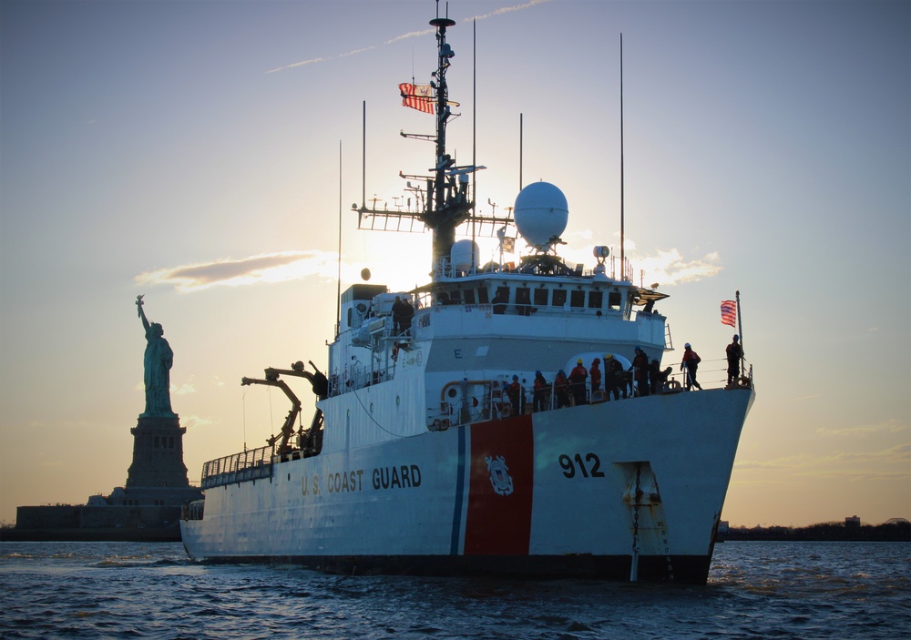 Coast Guard Cutter Legare (WMEC 912) weighs anchor near the Statue of Liberty