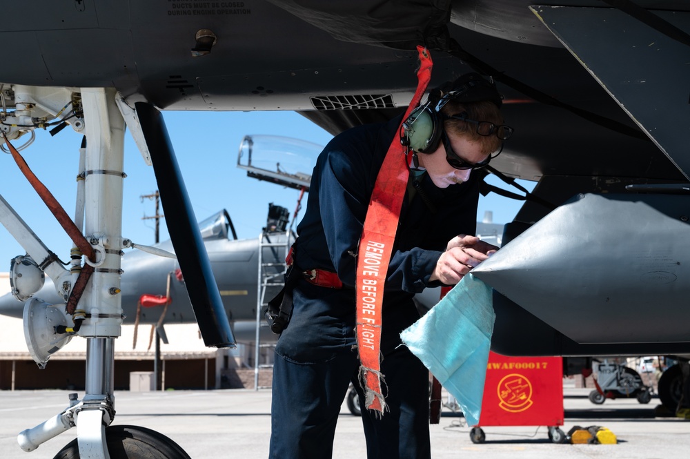 U.S. Air Force Airmen prepare F-15E Strike Eagle for launch during Red Flag-Nellis 24-2