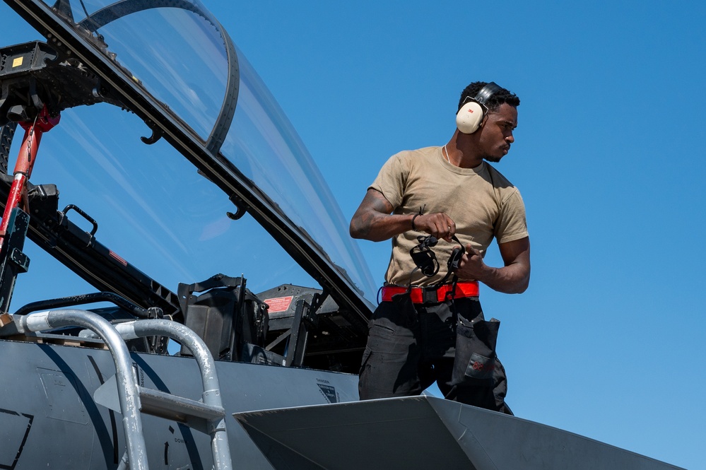 U.S. Air Force Airmen prepare F-15E Strike Eagle for launch during Red Flag-Nellis 24-2