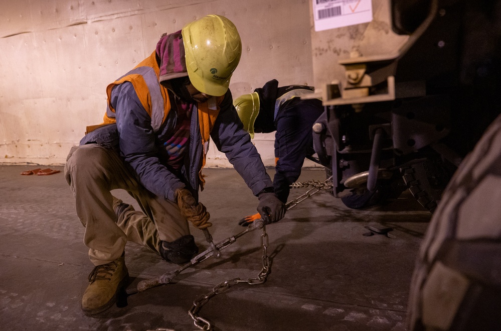 DoD, contracted personnel load hundreds of U.S. Army equipment aboard USNS Charlton