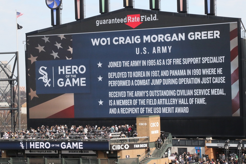 White Sox home opener Hero of the Game - WO1 Craig Morgan Greer