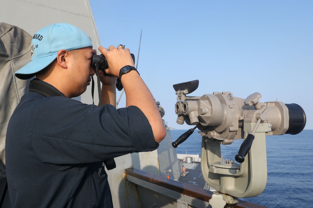 Sailors aboard the USS Howard conduct a counter unmanned aerial surveillance exercise in the Philippine Sea