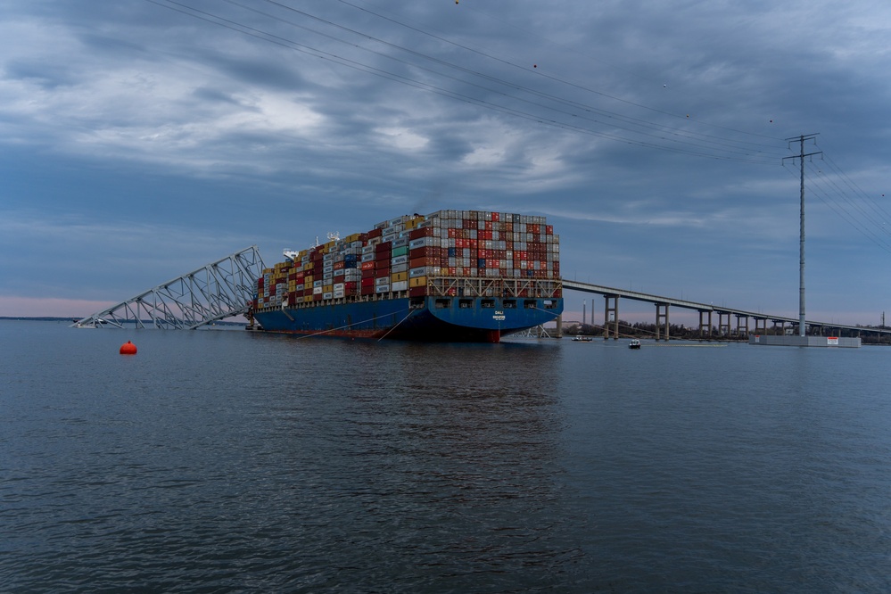 Hard boom deployed around damaged Motor Vessel Dali near collapsed Francis Scott Key Bridge