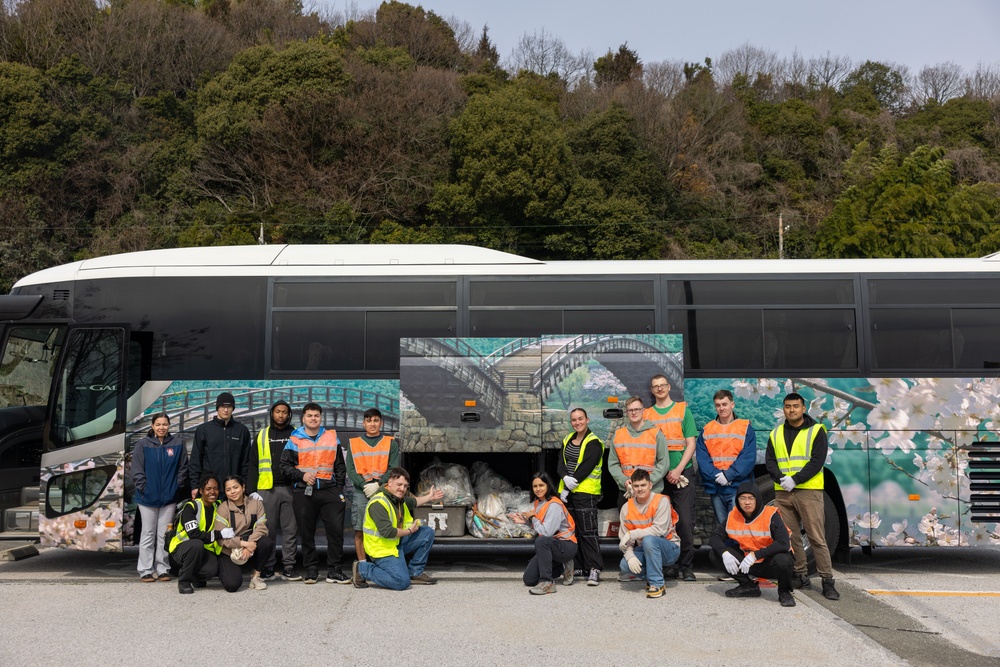 Marines and Sailors from MCAS Iwakuni participate in a beach cleanup