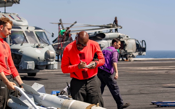 Ordnancemen Aboard the USS Dwight D. Eisenhower Prepare for Flight Operations in the Red Sea
