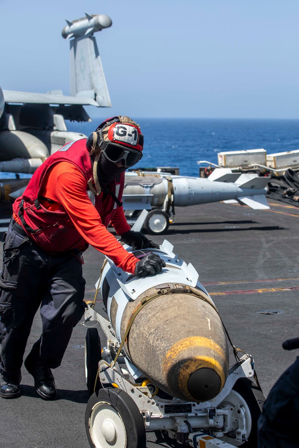 Ordnancemen Aboard the USS Dwight D. Eisenhower Prepare for Flight Operations in the Red Sea