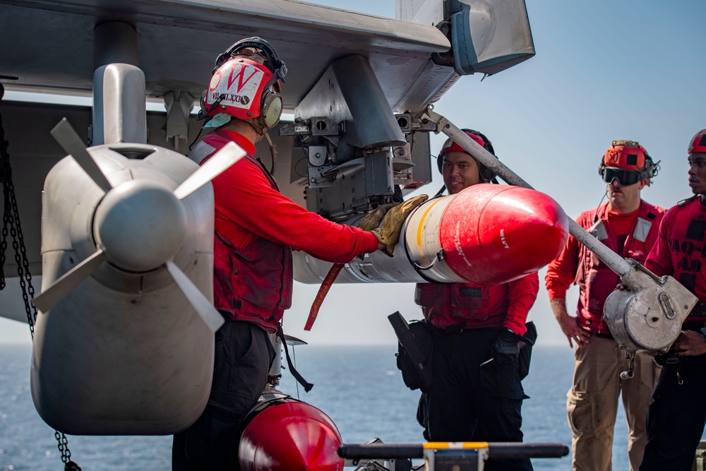 Ordnancemen Aboard the USS Dwight D. Eisenhower Prepare for Flight Operations in the Red Sea