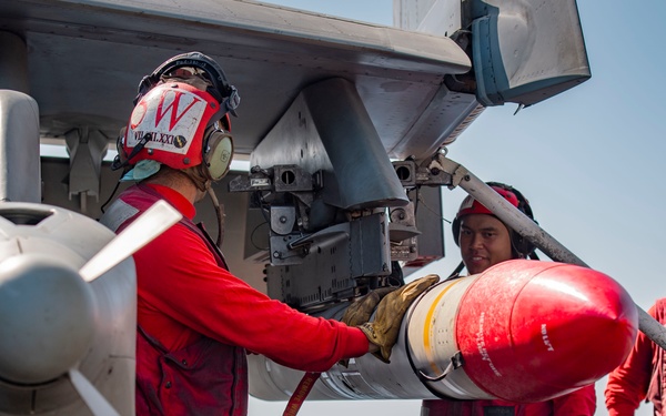 Ordnancemen Aboard the USS Dwight D. Eisenhower Prepare for Flight Operations in the Red Sea