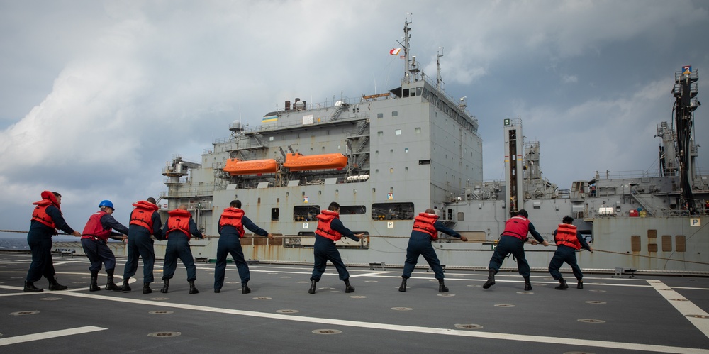 USS Mobile (LCS 26) conducts underway replenishment with USNS Wally Schirra (T-AKE 8) in South China Sea