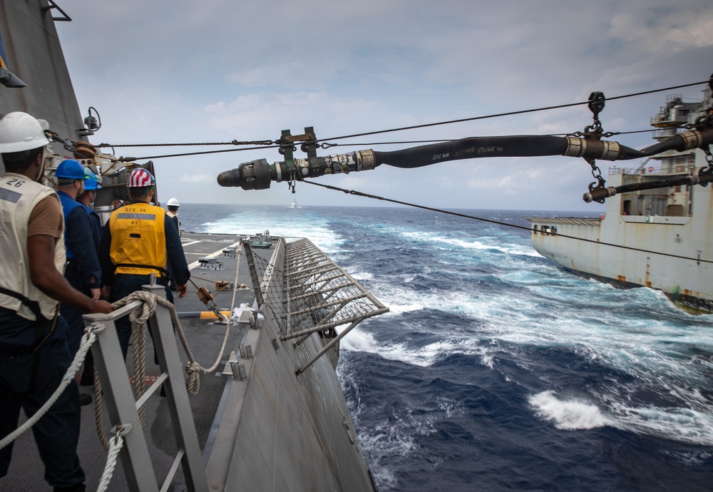 USS Mobile (LCS 26) conducts underway replenishment with USNS Wally Schirra (T-AKE 8) in South China Sea