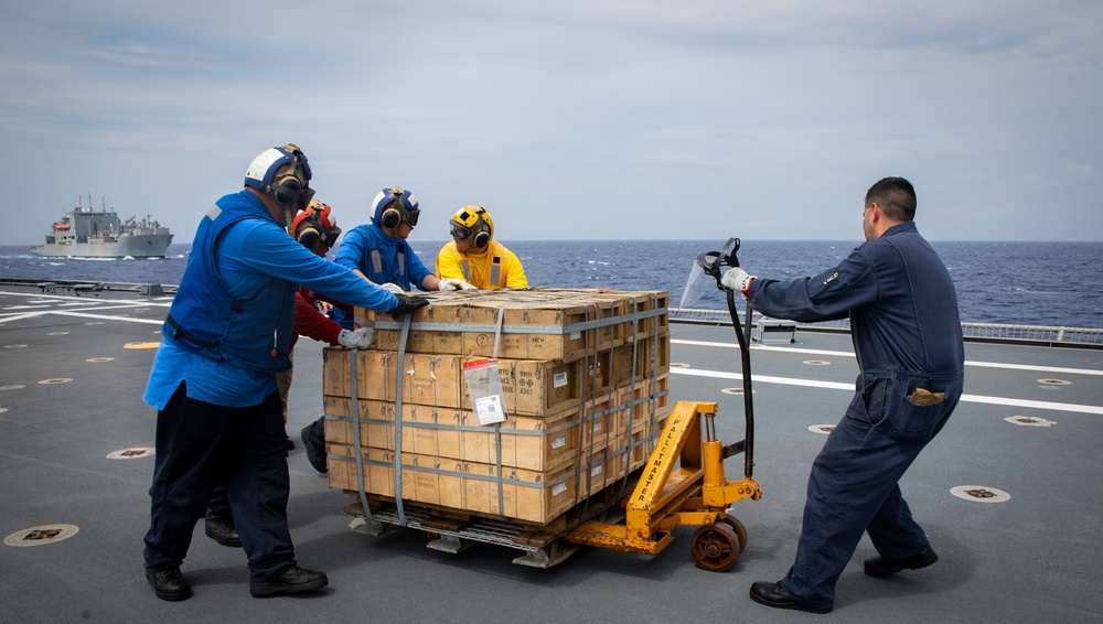 USS Mobile (LCS 26) conducts underway replenishment with USNS Wally Schirra (T-AKE 8) in South China Sea
