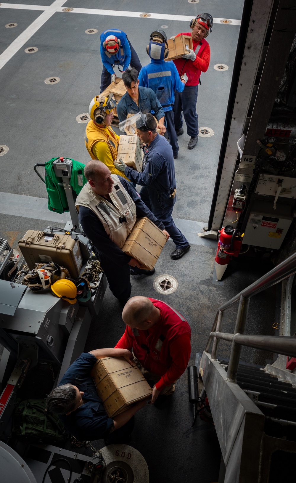 USS Mobile (LCS 26) conducts underway replenishment with USNS Wally Schirra (T-AKE 8) in South China Sea