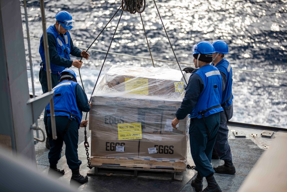 USS Ralph Johnson Conducts Replenishment-At-Sea with USNS Yukon.