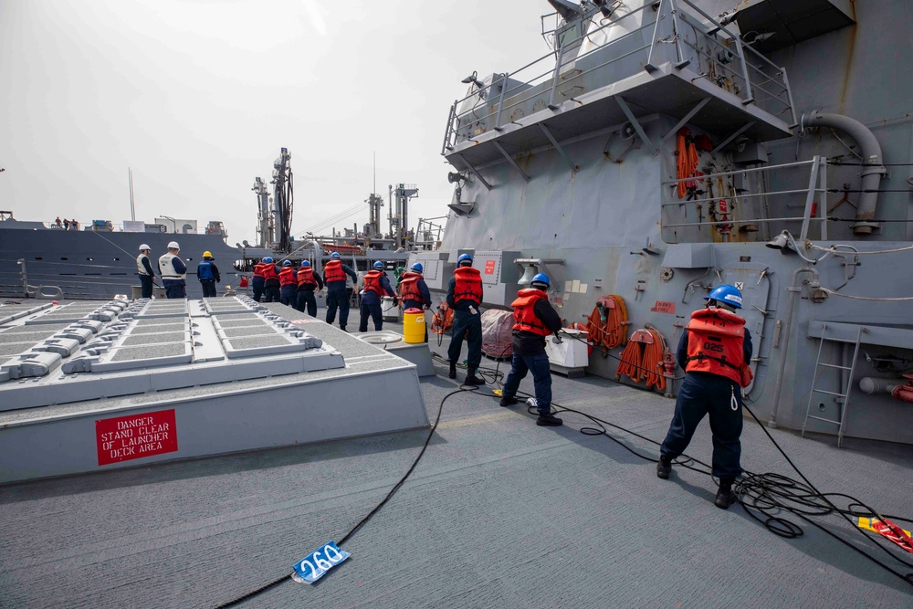 USS Ralph Johnson Conducts Replenishment-At-Sea with USNS Yukon.