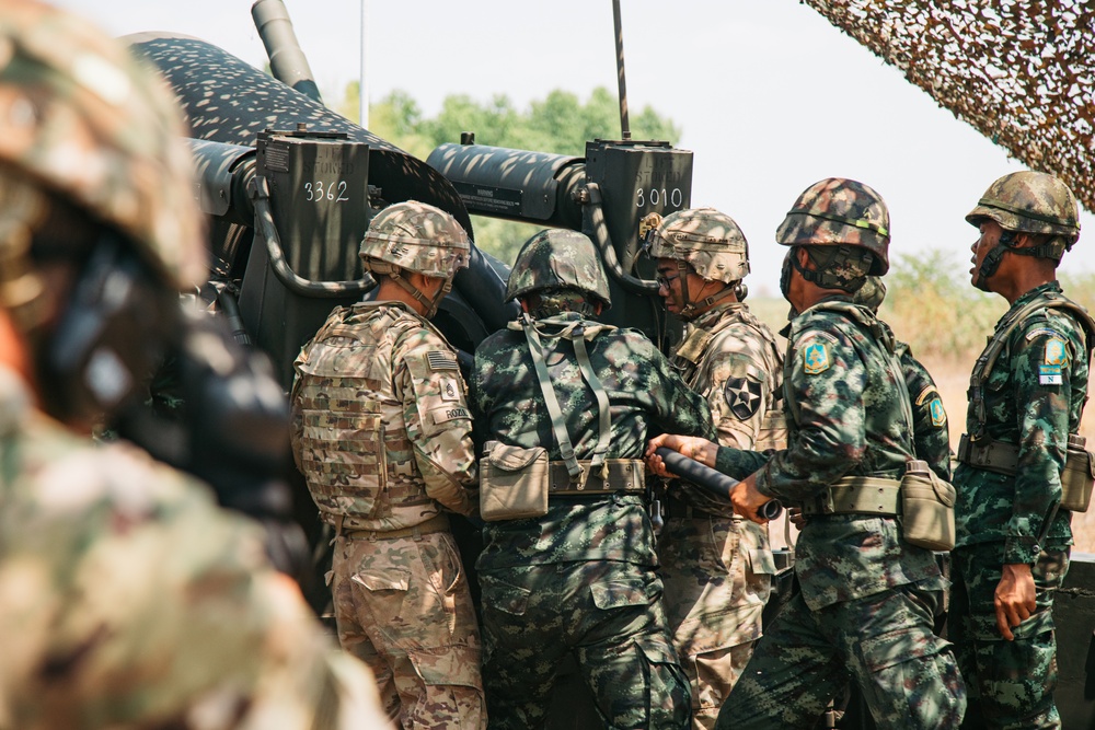 2-2 SBCT field artillery live fire exercise in Sa Kaeo Province for Cobra Gold 2024