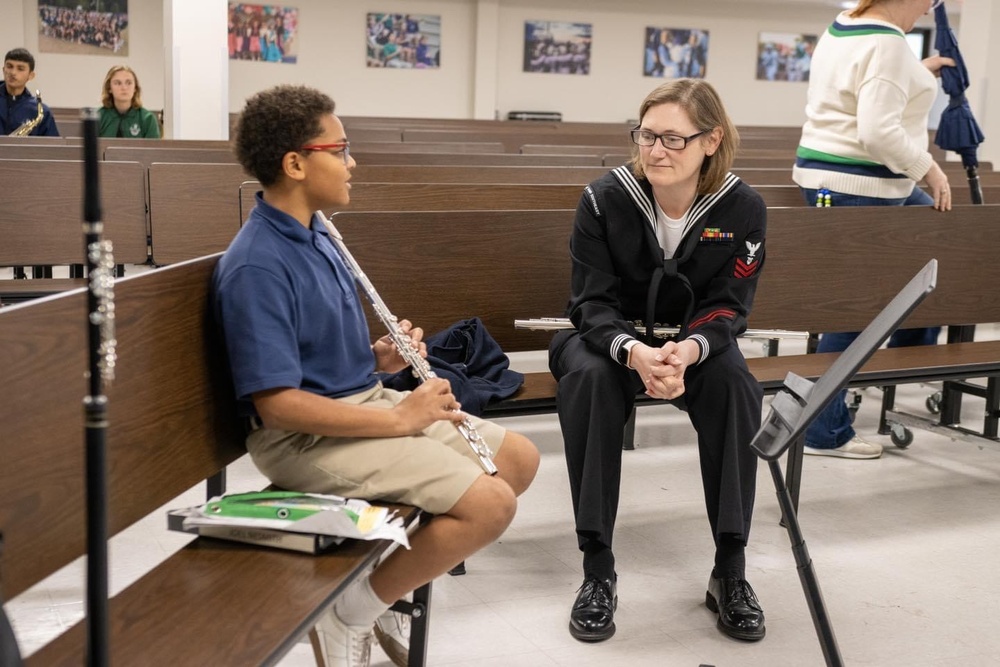 Navy Band Southeast flutist coaches student at Cornerstone Classical Academy