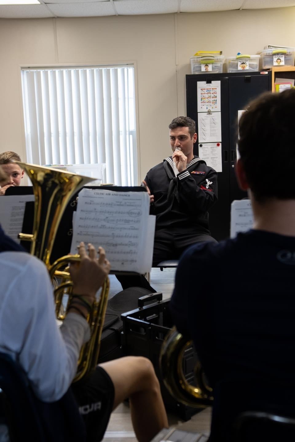 Navy Band Southeast Trombonist coaches brass students at Cornerstone Classical Academy