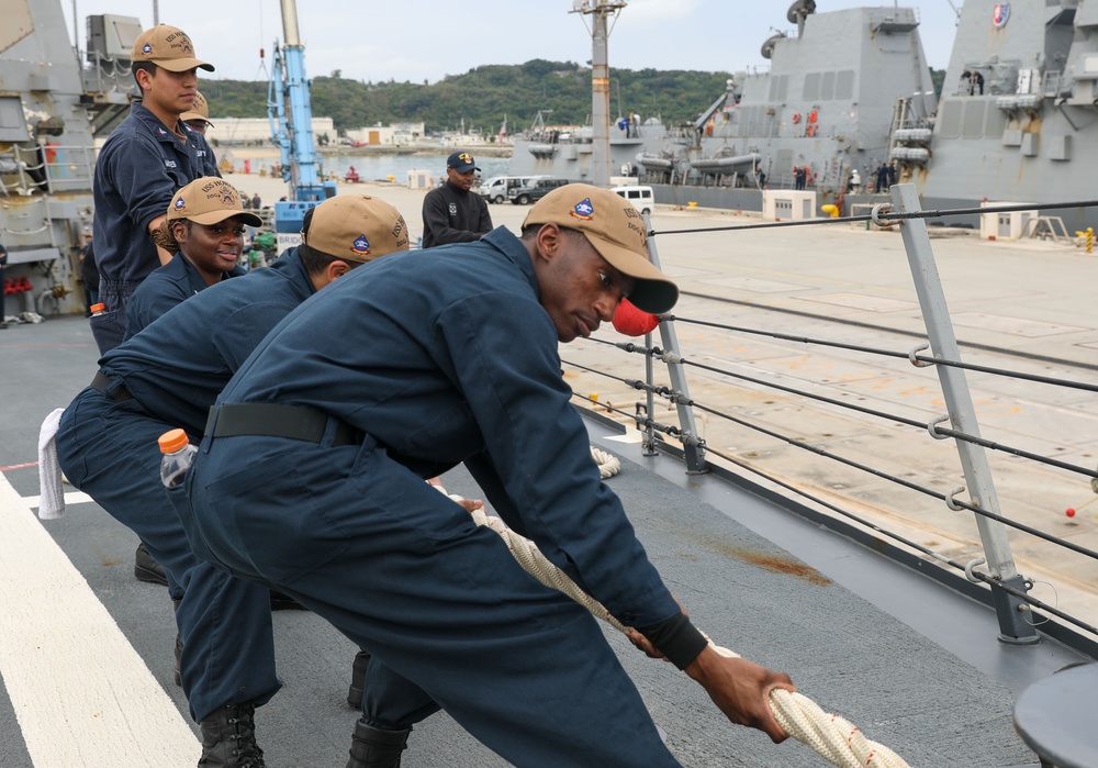 Sailors aboard the USS Howard conduct a sea and anchor detail in Okinawa, Japan