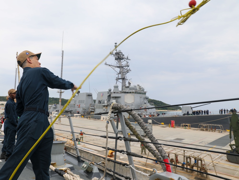 Sailors aboard the USS Howard conduct a sea and anchor detail in Okinawa, Japan