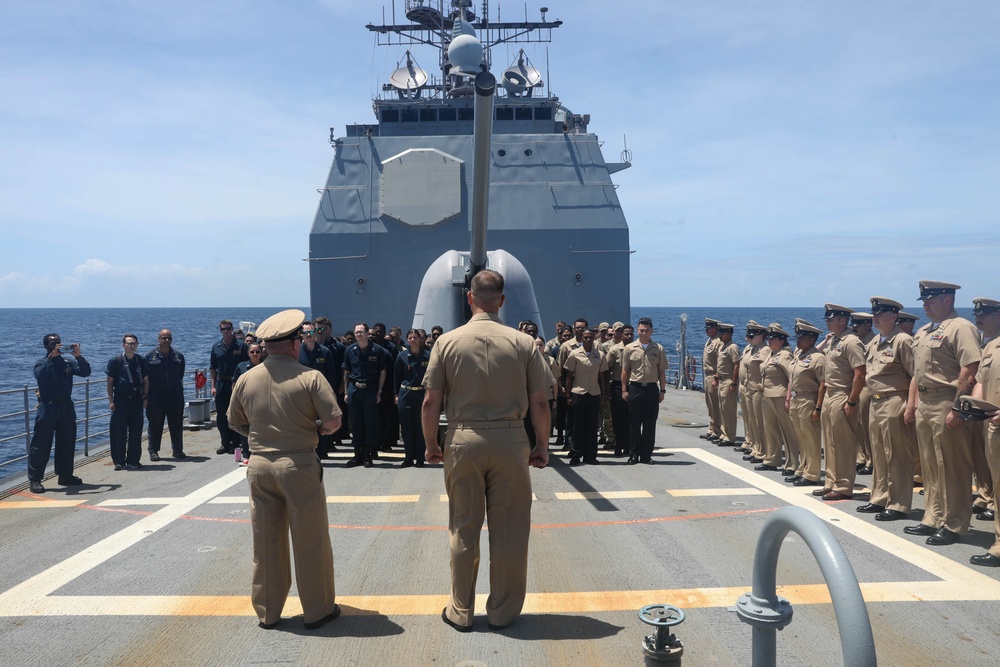 USS Leyte Gulf Holds Promotion Ceremony While Underway