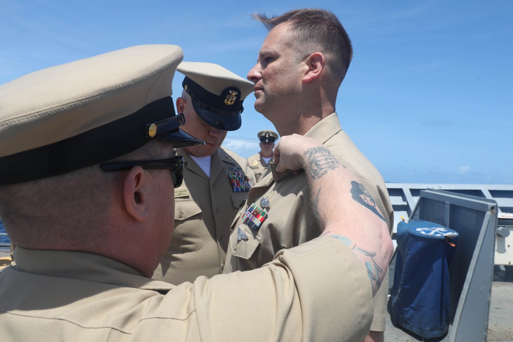 USS Leyte Gulf Holds Promotion Ceremony While Underway