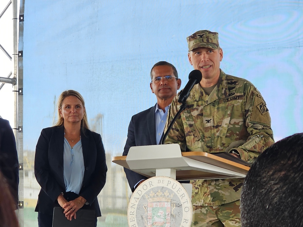 U.S. Army Corps of Engineers (USACE) Task Force Virgin Islands Puerto Rico offers remarks during the San Juan Harbor First Bucket Ceremony