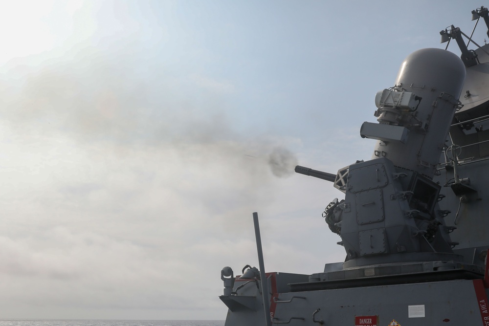 The USS Howard conducts a live-fire exercise with a close in weapons system in the Philippine Sea