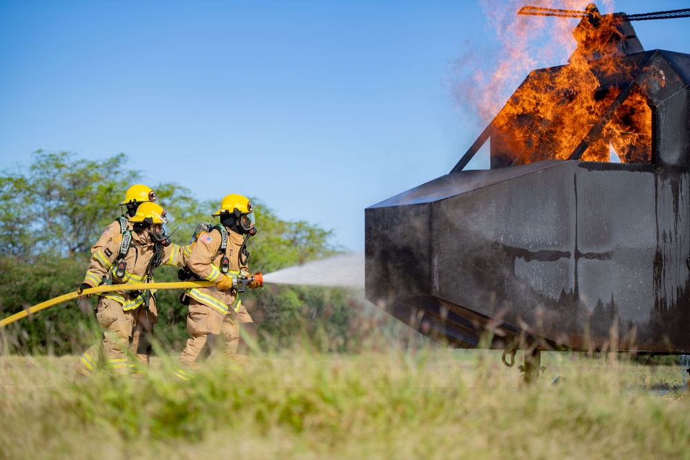 PMRF Fire and Emergency Services Department Conducts Live Fire Training With Lihue Airport Fire Department.