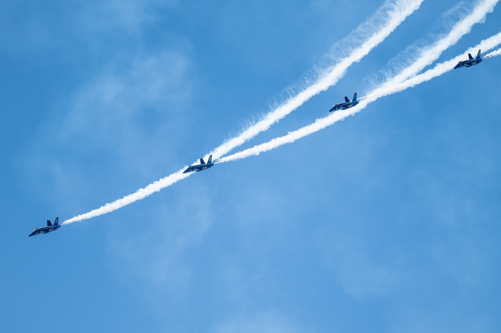 U.S. Navy Blue Angels preform practice maneuvers prior to upcoming Beyond the Horizon Airshow at Maxwell