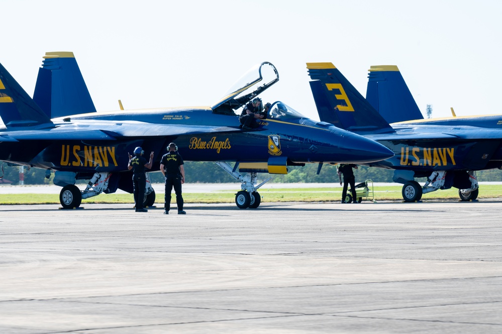 U.S. Navy Blue Angels preform practice maneuvers prior to upcoming Beyond the Horizon Airshow at Maxwell