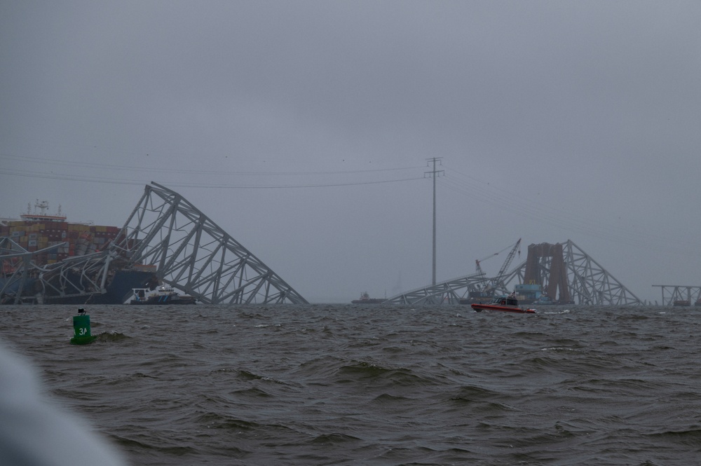 Coast Guard enforces safety zone near the collapsed Francis Scott Key Bridge in Baltimore, Maryland