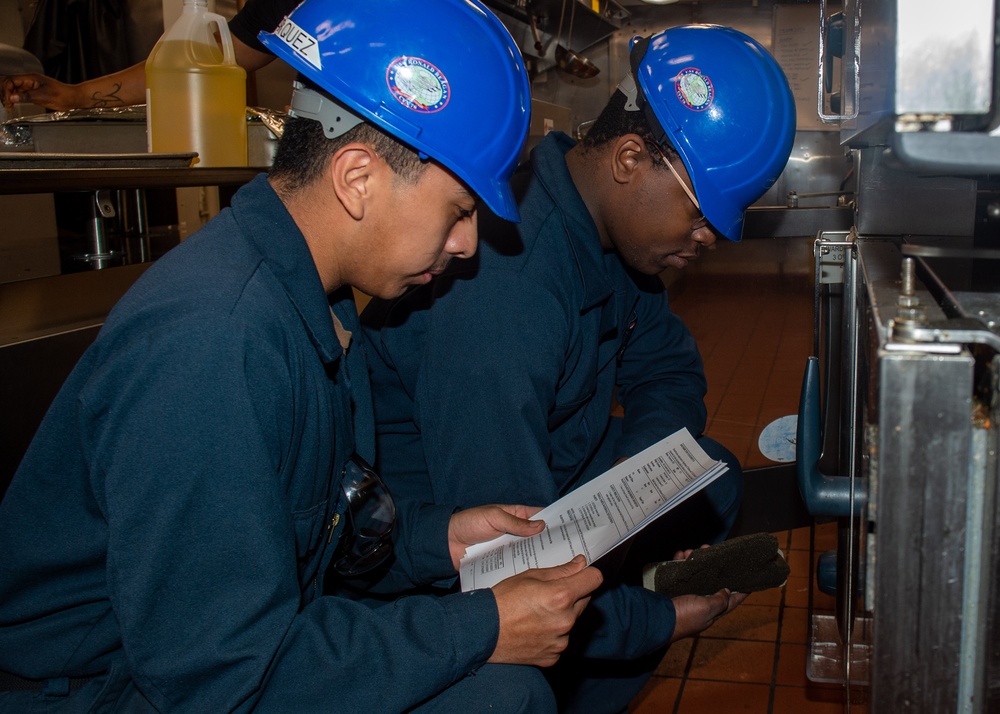 USS Ronald Reagan (CVN 76) Sailors perform maintenance on steam convection oven