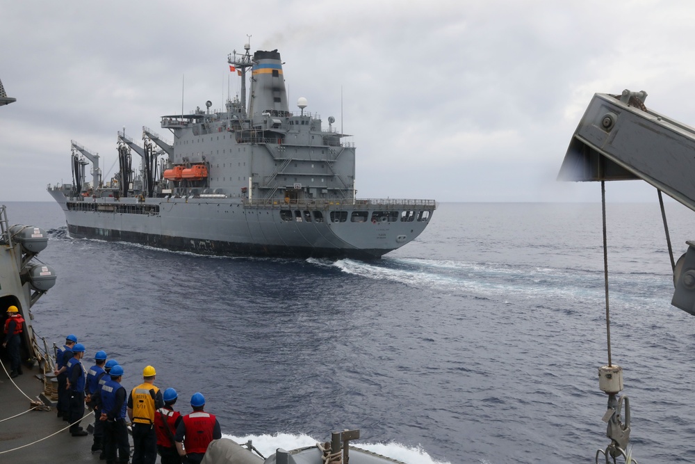 Sailors aboard the USS Howard conduct a replenishment-at-sea with USNS Yukon in the Philippine Sea