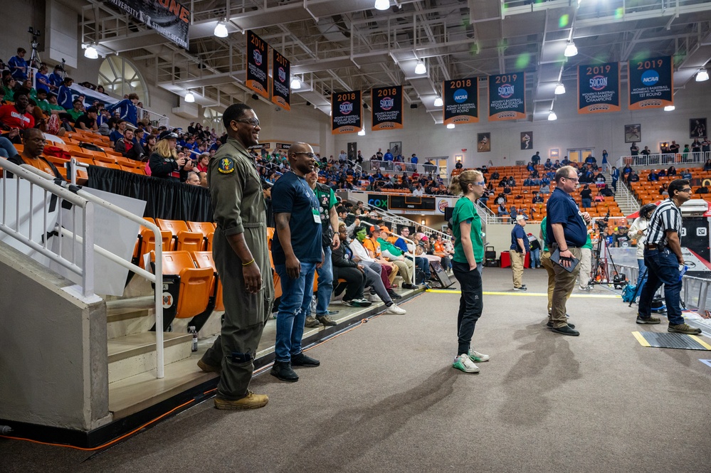 Photo of 116th Air Control Wing members participating in high school robotics competition at Mercer University