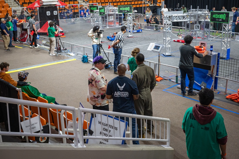 Photo of 116th Air Control Wing members participating in high school robotics competition at Mercer University