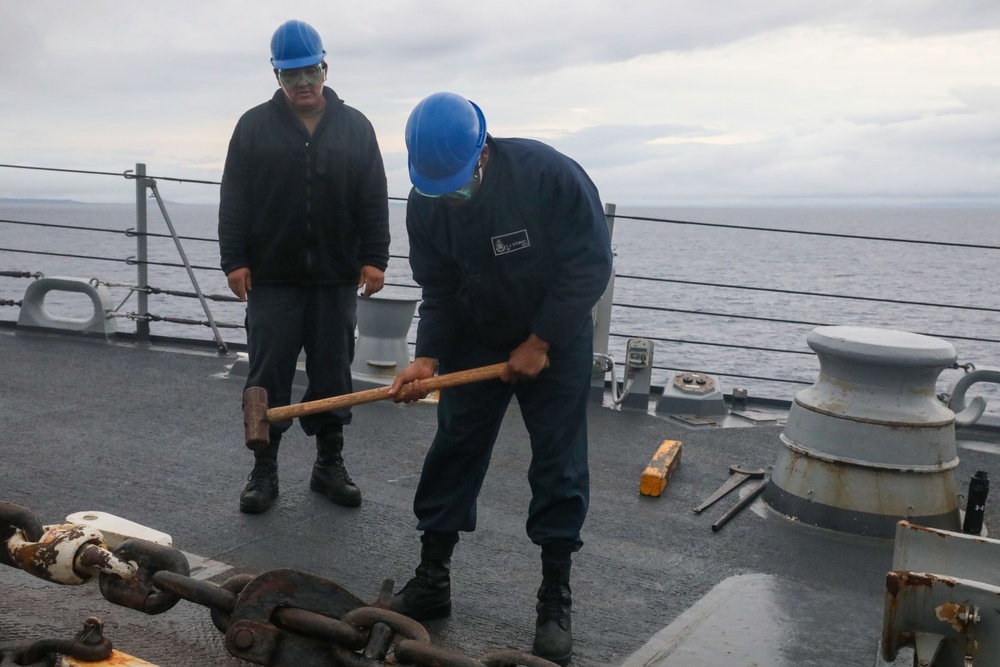 Sailors aboard the USS Howard conduct a sea and anchor detail in Okinawa, Japan