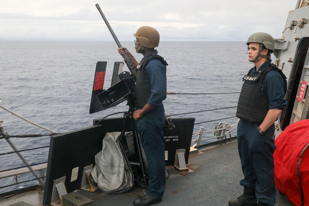 Sailors aboard the USS Howard conduct a sea and anchor detail in Okinawa, Japan