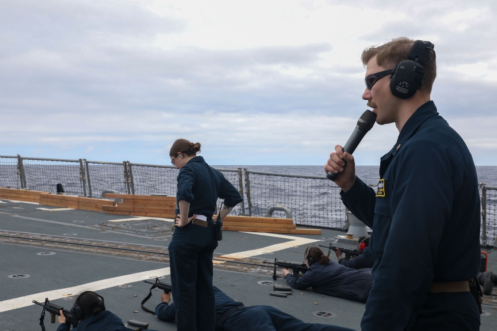 Sailors aboard the USS Howard conduct a live-fire gunnery exercise in the Philippine Sea