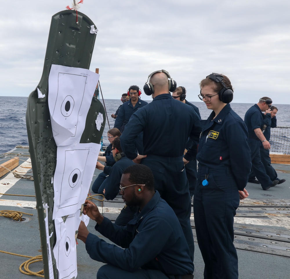 Sailors aboard the USS Howard conduct a live-fire gunnery exercise in the Philippine Sea