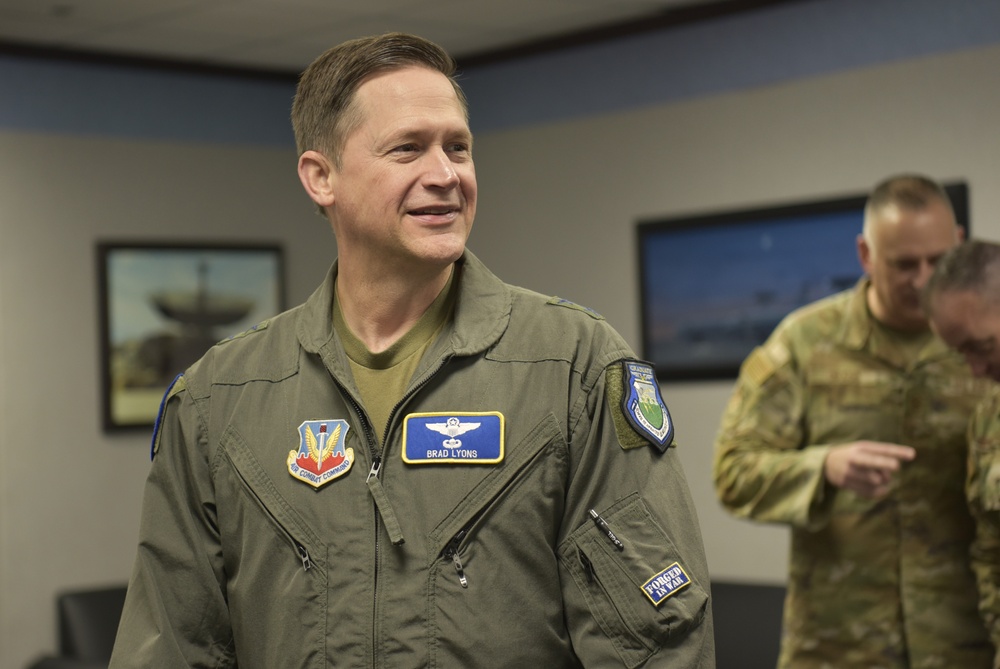 Maj. Gen. David Lyons, Fifteenth Air Force commander, visits the 552nd Air Control Wing