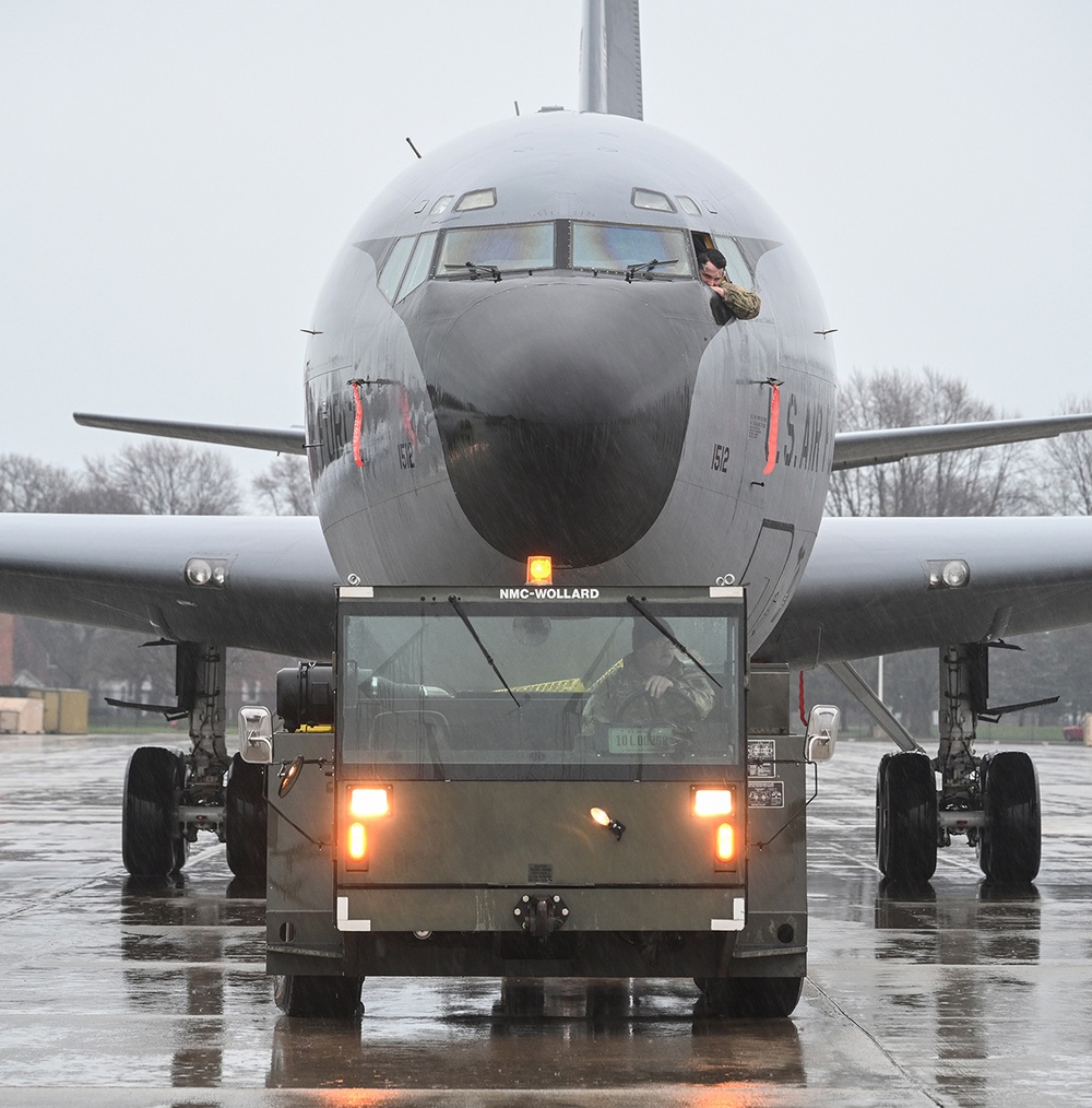 Airmen Tow KC-135T Stratotanker Aircraft At Selfridge Air National Guard Base