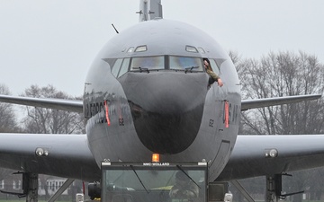 Crew Chief Directs Towing of KC-135T Stratotanker at Selfridge Air National Guard Base