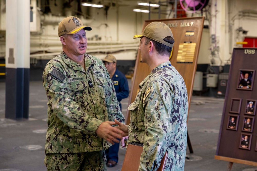 Capt. Tom Chekouras, Commander Amphibious Squadron SEVEN Visits USS Tripoli