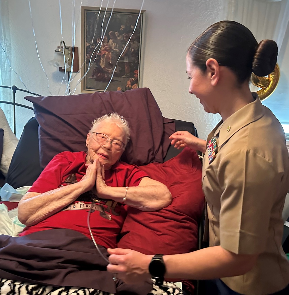 U.S. Marines celebrate retired Marine Corps Cpl. Lou 'Mama Lou' Keller's 99th birthday