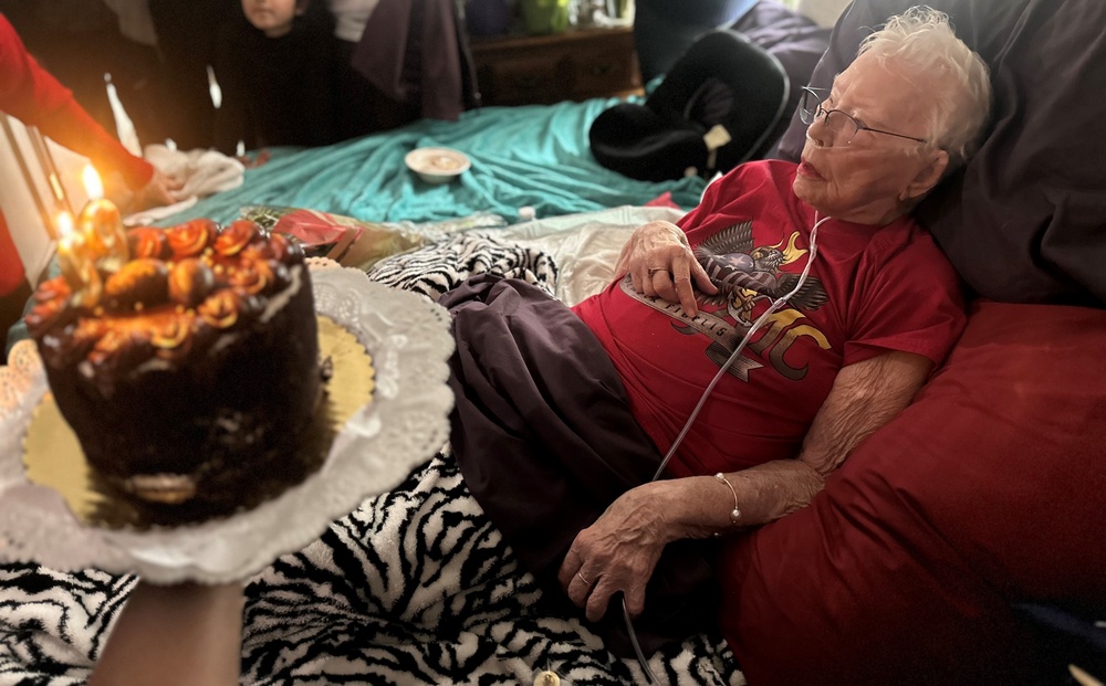 U.S. Marines celebrate retired Marine Corps Cpl. Lou 'Mama Lou' Keller's 99th birthday