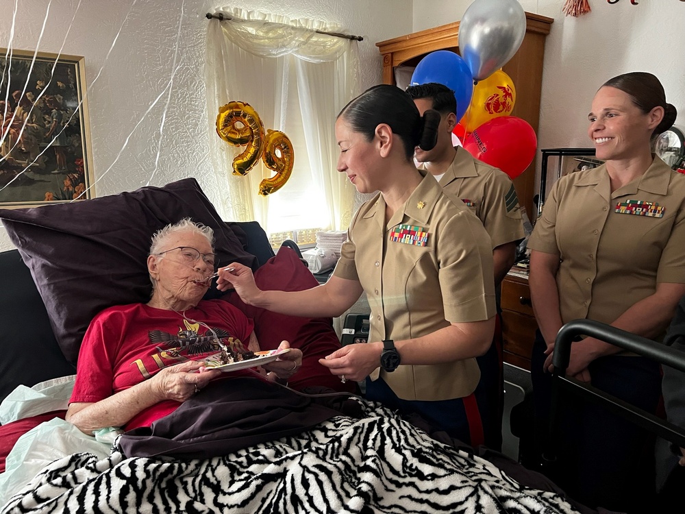 U.S. Marines celebrate retired Marine Corps Cpl. Lou 'Mama Lou' Keller's 99th birthday